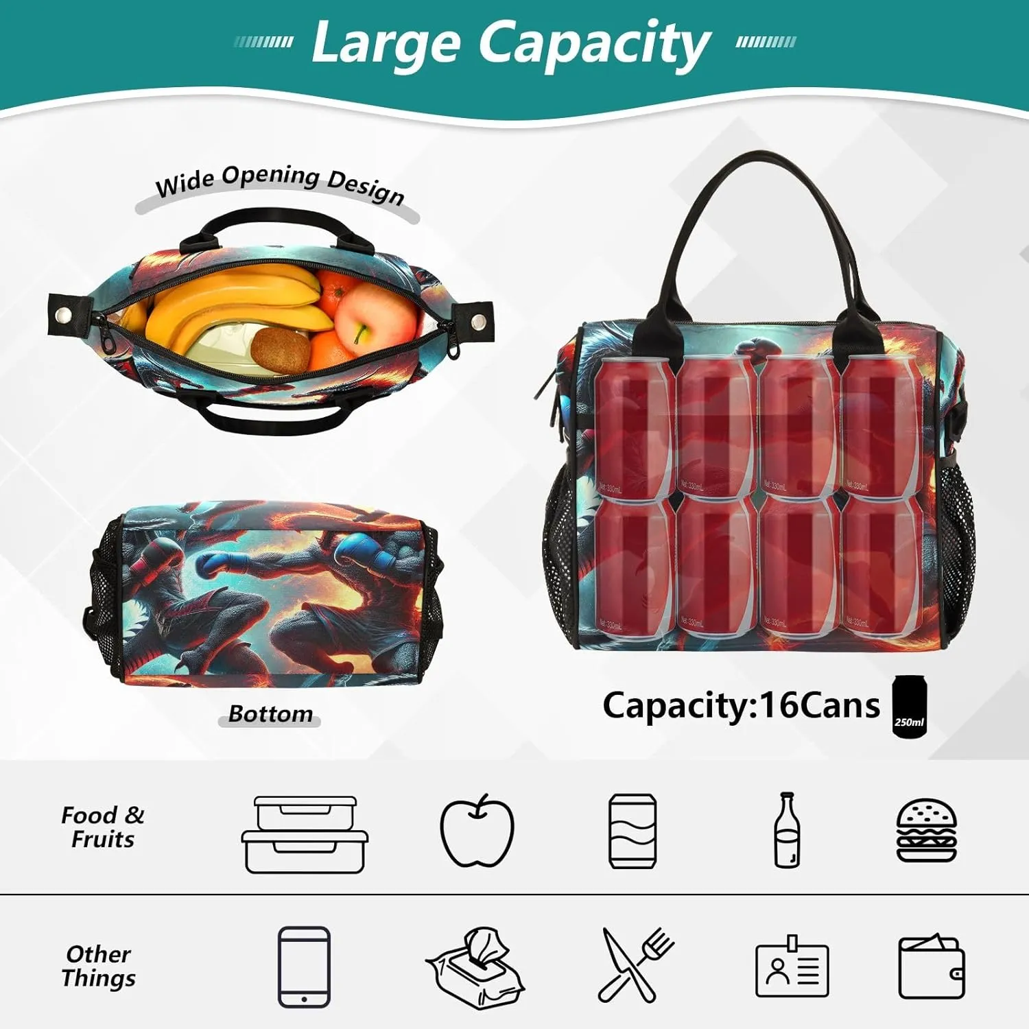ODAWA Dragon Battle Lunch Bag Cooler with Adjustable Shoulder Strap, Work Lunch Bags for Women