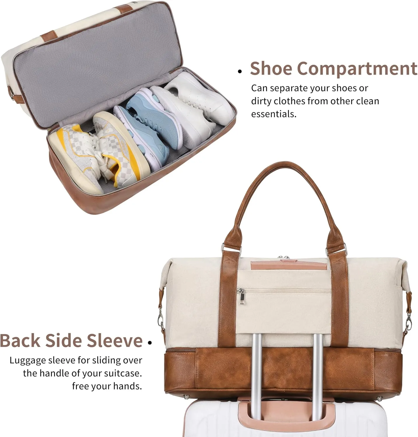 Oeihuivt Weekender Bags for Women - 21 Inch Large Travel Duffel Bag 2-Piece Set with Shoe Compartment, Heavy-Duty Canvas & Leather Carry On Overnight Tote (Airplane Approved)