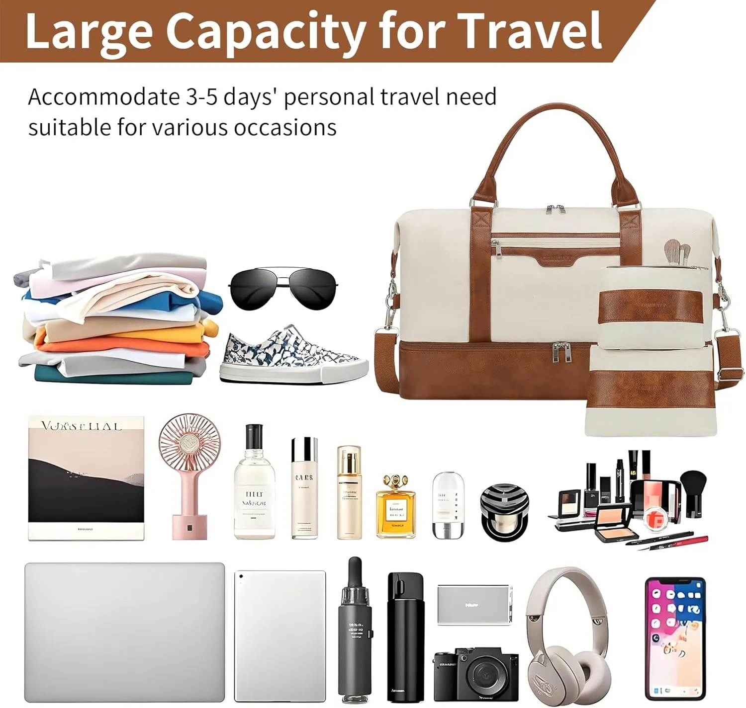 Oeihuivt Weekender Bags for Women - 21 Inch Large Travel Duffel Bag 2-Piece Set with Shoe Compartment, Heavy-Duty Canvas & Leather Carry On Overnight Tote (Airplane Approved)