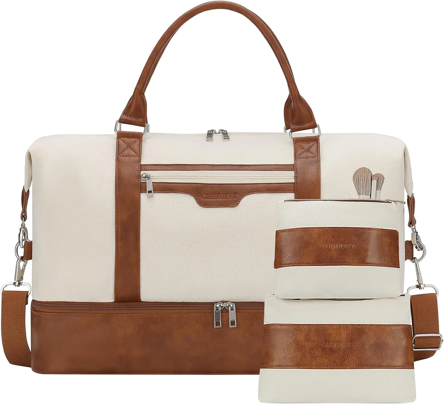 Oeihuivt Weekender Bags for Women - 21 Inch Large Travel Duffel Bag 2-Piece Set with Shoe Compartment, Heavy-Duty Canvas & Leather Carry On Overnight Tote (Airplane Approved)