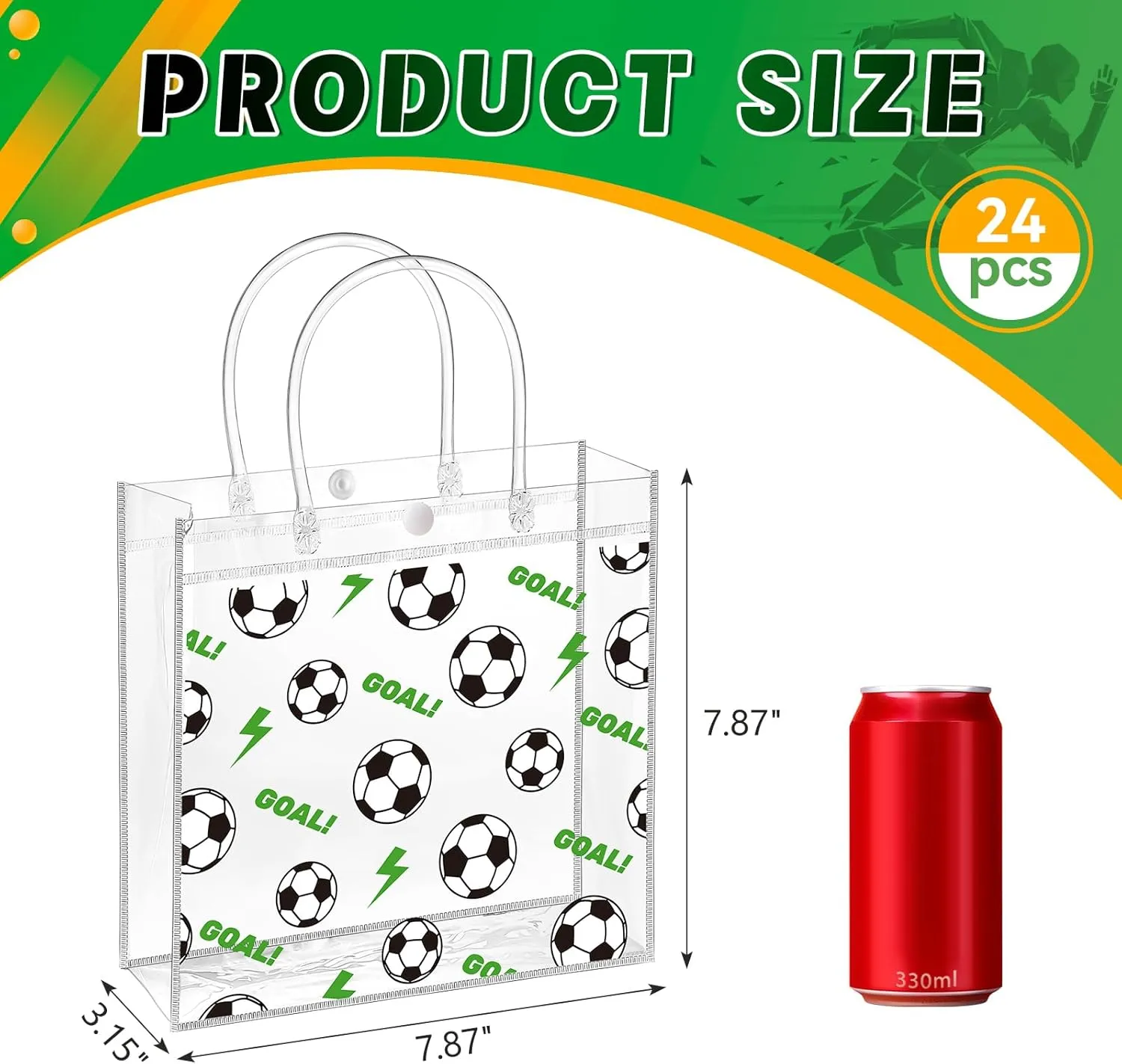 Ohuimrt 24 PCS Clear Plastic Gift Bags with Handles, Soccer Party Favor Sport Snack Bags Bulk for Theam Birthday, 7.87 x 7.87 x 3.15 Inches