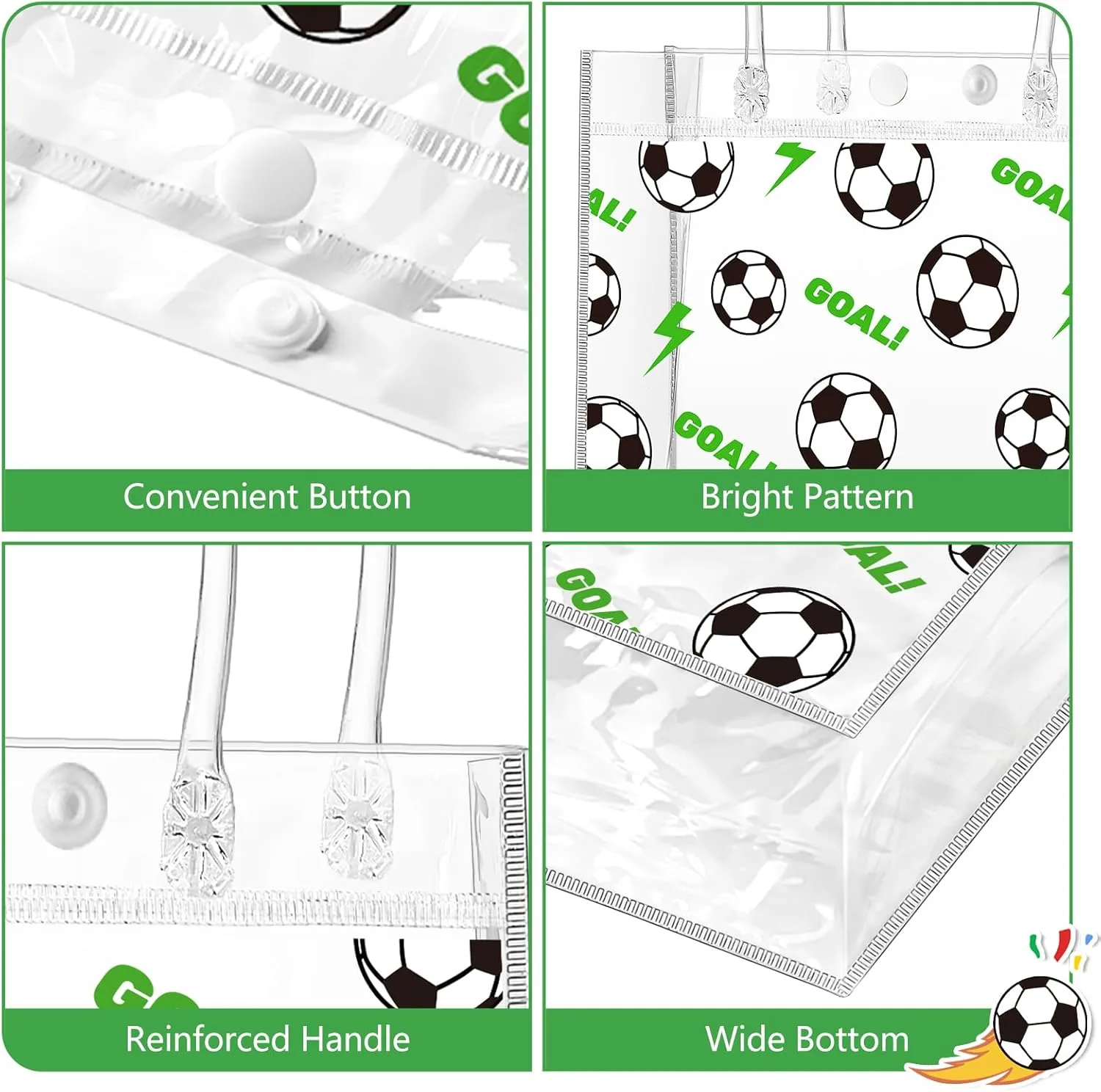 Ohuimrt 24 PCS Clear Plastic Gift Bags with Handles, Soccer Party Favor Sport Snack Bags Bulk for Theam Birthday, 7.87 x 7.87 x 3.15 Inches