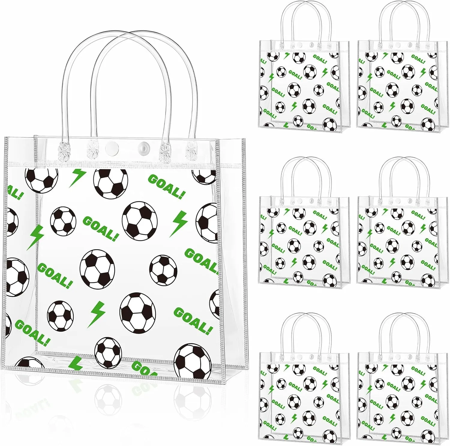 Ohuimrt 24 PCS Clear Plastic Gift Bags with Handles, Soccer Party Favor Sport Snack Bags Bulk for Theam Birthday, 7.87 x 7.87 x 3.15 Inches