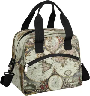 Old Map Lunch Bag with Pockets Leakproof Insulation world Hemispheres Cute Lunch Box Waterproof Cooler Bag with Shoulder Strap
