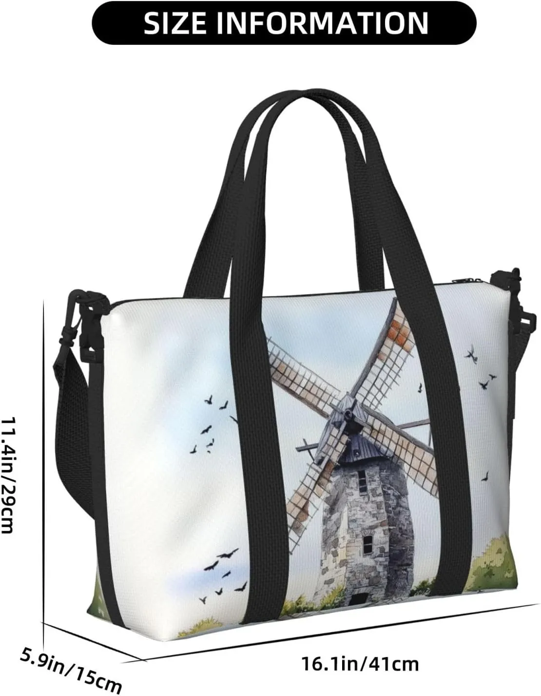 old windmill print Travel Duffel Bag, Sports Tote Gym Bag, Swim Pool Bag Large Shoulder Tote Bag for Beach Weekender