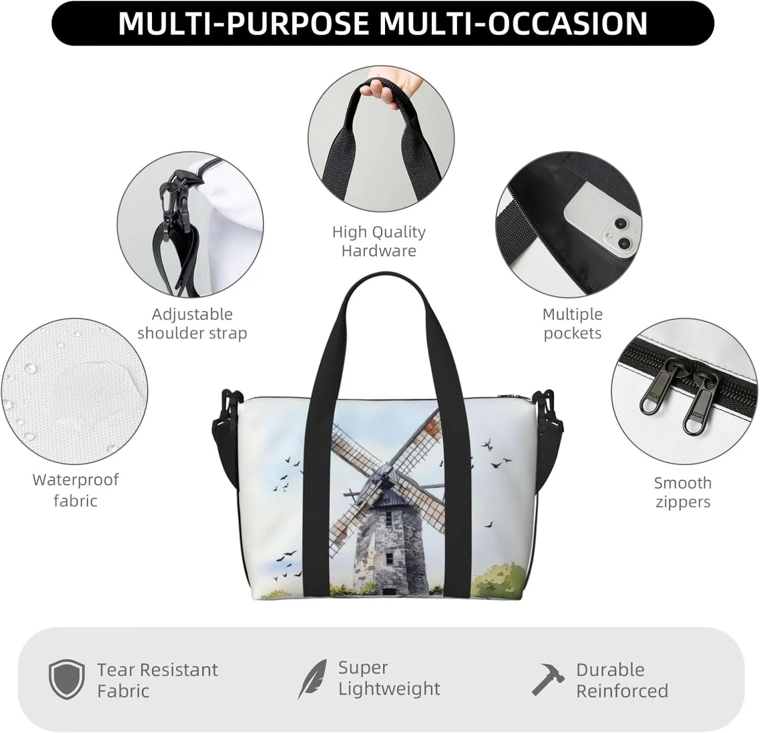 old windmill print Travel Duffel Bag, Sports Tote Gym Bag, Swim Pool Bag Large Shoulder Tote Bag for Beach Weekender