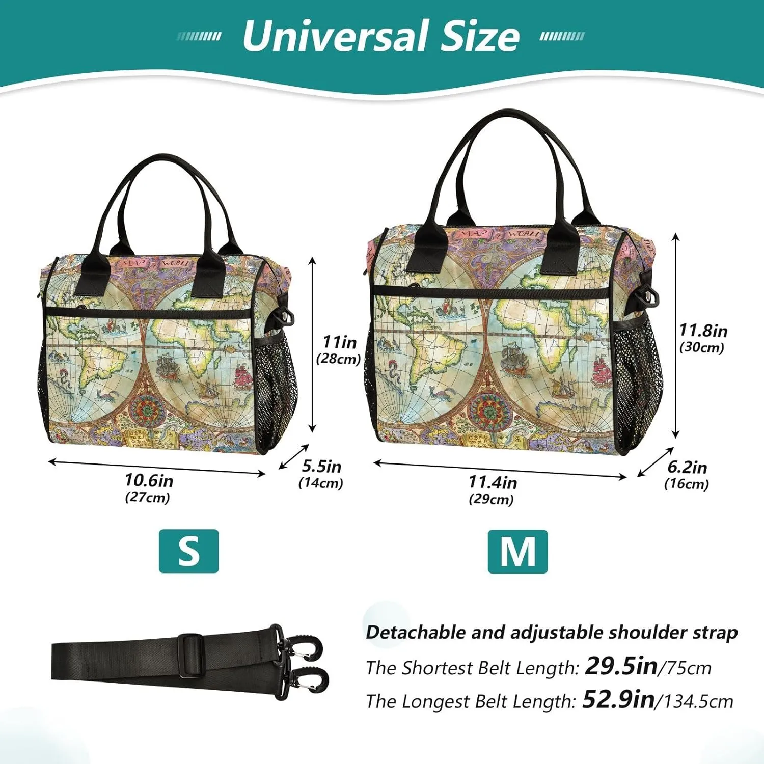 Old World Atlas Map Lunch Bag Reusable Lunch Box for Office Picnic Hiking Beach, Insulated Cooler Tote Food Container with Adjustable Shoulder Strap for Men Women Adults