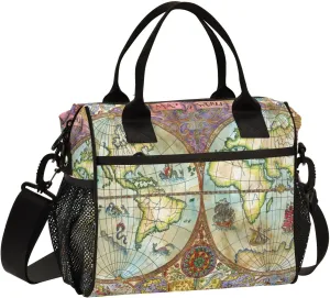 Old World Atlas Map Lunch Bag Reusable Lunch Box for Office Picnic Hiking Beach, Insulated Cooler Tote Food Container with Adjustable Shoulder Strap for Men Women Adults
