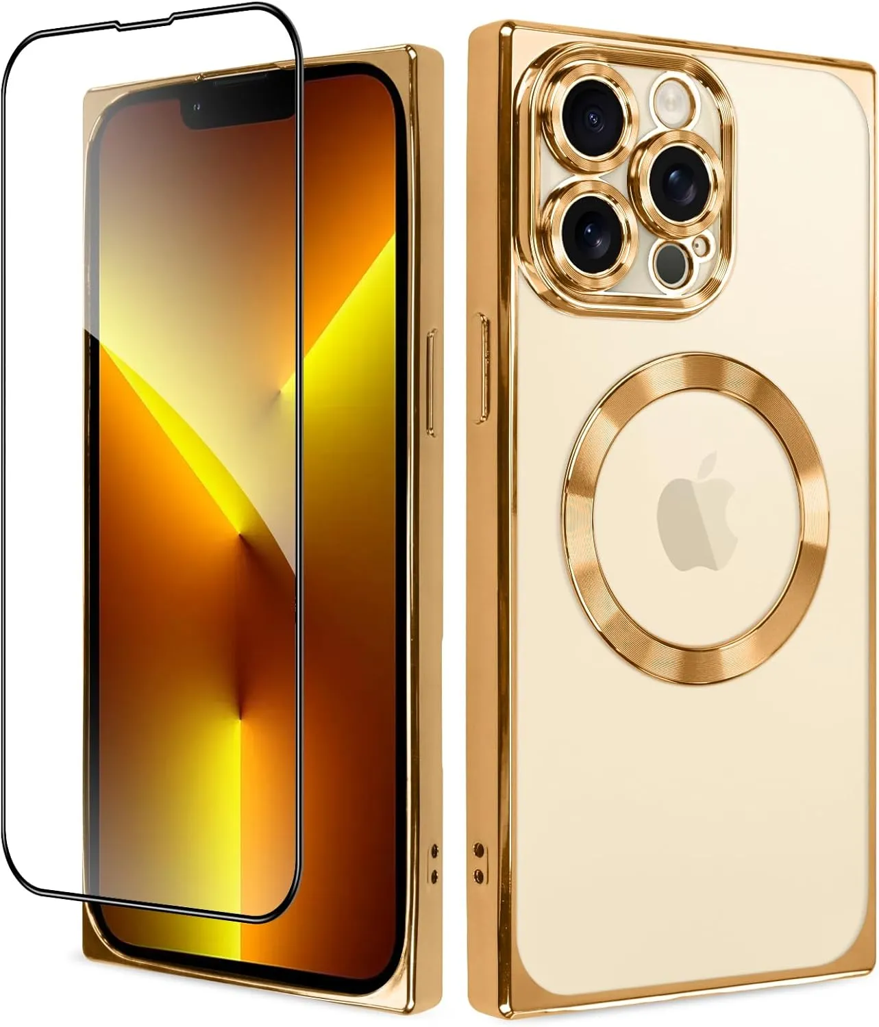 OOK Magnetic Case Made for iPhone 13 Pro Max (6.7 Inch) (Compatible with MagSafe) Clear Phone Cover with Screen Protector Soft TPU Anti-Scratch Shockproof Protective Case for Women Men - Gold