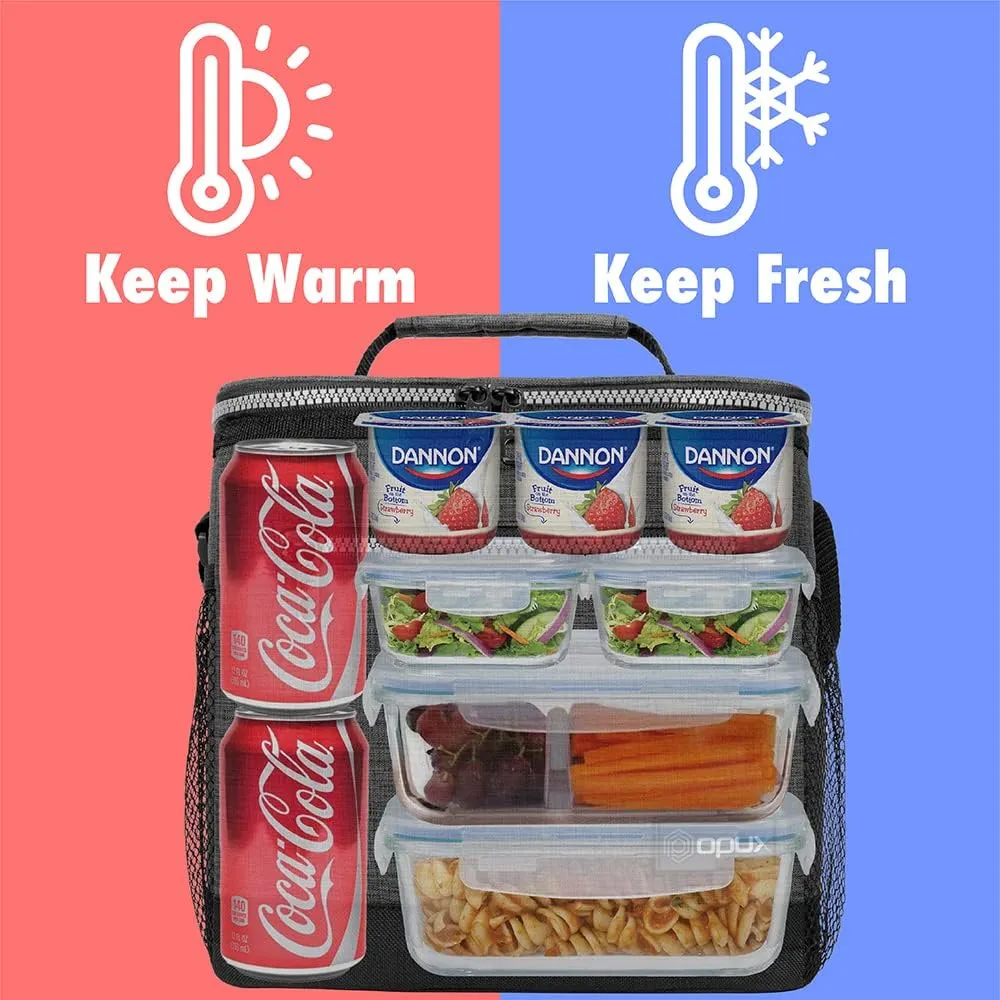 opux Extra Large Insulated Lunch Box Men Women, Lunch Bag for Work, Leakproof Soft Cooler Tote Adult, Lunch Pail, Picnic Beach Collapsible Food Bag with Shoulder Strap, Charcoal
