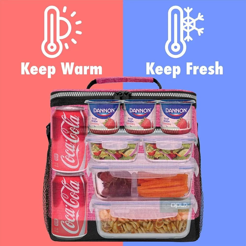 opux Extra Large Insulated Lunch Box Men Women, Lunch Bag for Work, Leakproof Soft Cooler Tote Adult, Lunch Pail, Picnic Beach Collapsible Food Bag with Shoulder Strap, Pink