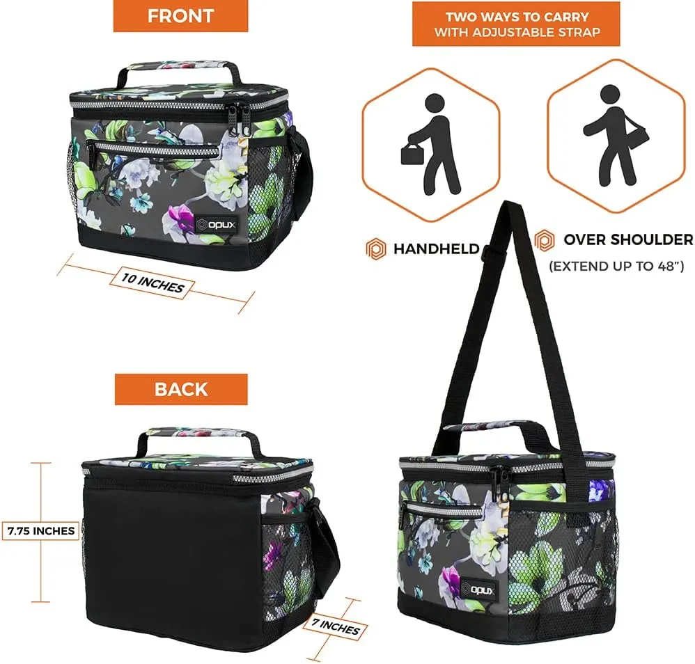 opux Insulated Lunch Box Men Women, Lunch Bag for Work School, Leakproof Soft Cooler Tote Adult, Large Lunch Pail Kids Boys Girls, Picnic Beach Food Bag with Shoulder Strap, Grey Floral