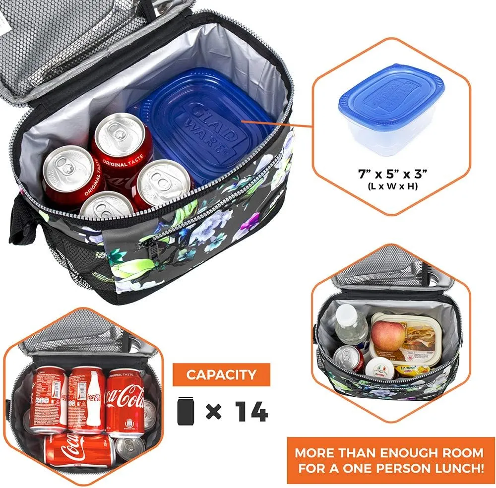 opux Insulated Lunch Box Men Women, Lunch Bag for Work School, Leakproof Soft Cooler Tote Adult, Large Lunch Pail Kids Boys Girls, Picnic Beach Food Bag with Shoulder Strap, Grey Floral