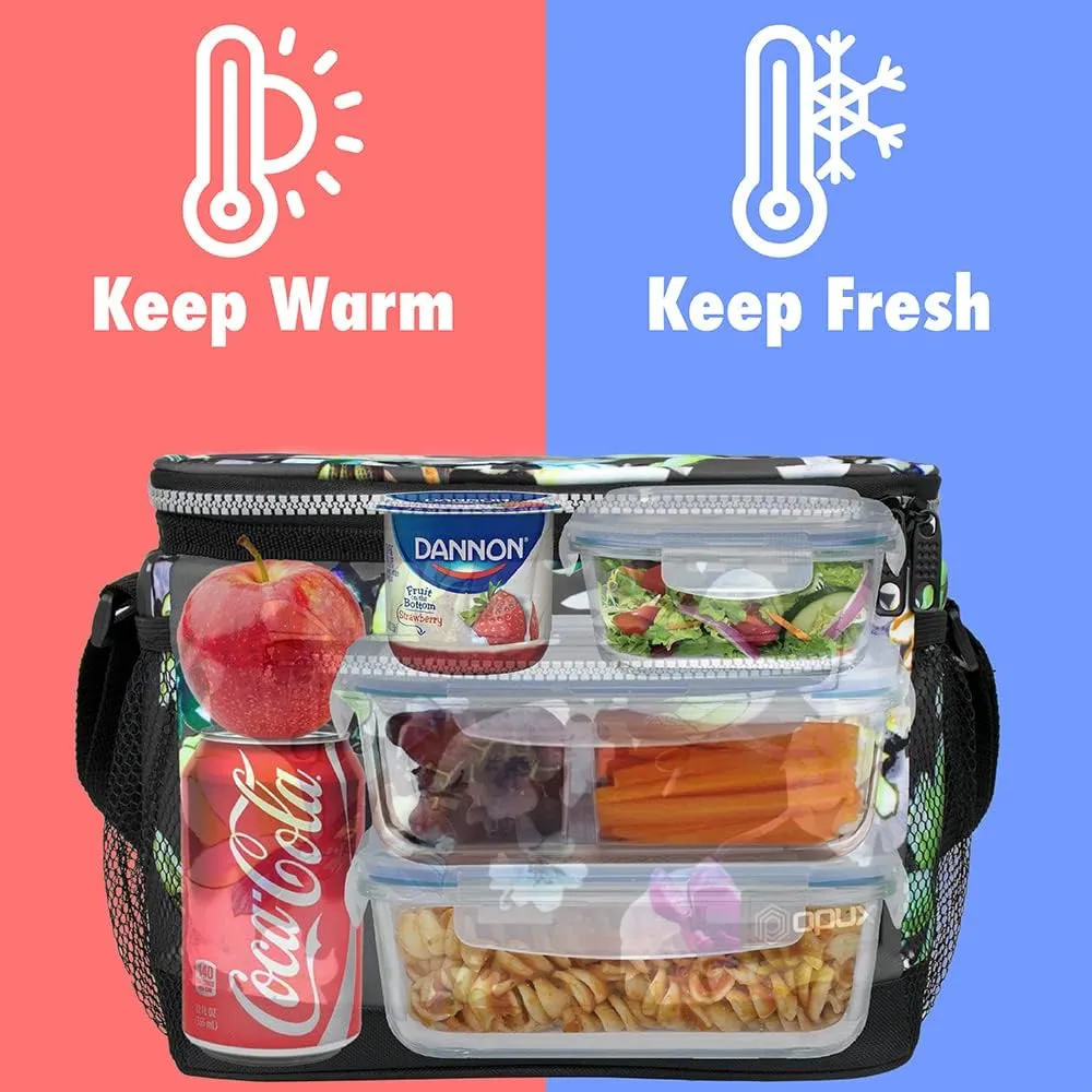 opux Insulated Lunch Box Men Women, Lunch Bag for Work School, Leakproof Soft Cooler Tote Adult, Large Lunch Pail Kids Boys Girls, Picnic Beach Food Bag with Shoulder Strap, Grey Floral