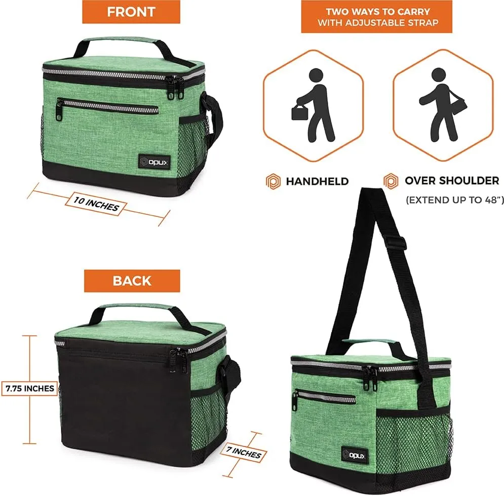 opux Insulated Lunch Box Men Women, Lunch Bag for Work School, Leakproof Soft Cooler Tote Adult, Large Lunch Pail Kids Boys Girls, Picnic Beach Food Bag with Shoulder Strap, Heather Green
