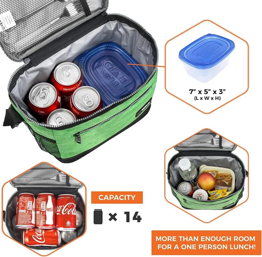 opux Insulated Lunch Box Men Women, Lunch Bag for Work School, Leakproof Soft Cooler Tote Adult, Large Lunch Pail Kids Boys Girls, Picnic Beach Food Bag with Shoulder Strap, Heather Green