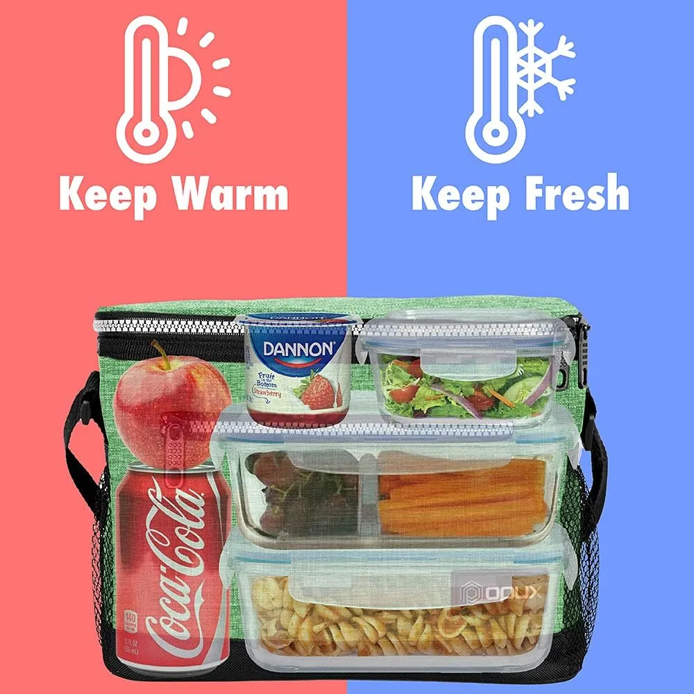 opux Insulated Lunch Box Men Women, Lunch Bag for Work School, Leakproof Soft Cooler Tote Adult, Large Lunch Pail Kids Boys Girls, Picnic Beach Food Bag with Shoulder Strap, Heather Green