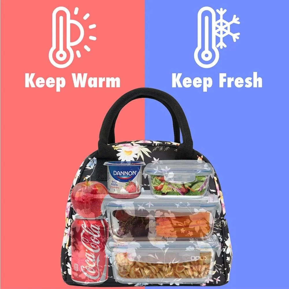 opux Insulated Lunch Box Women, Lunch Bag Tote Girls Kids Teen Adult, Cute Soft Lunch Cooler Container Work School, Reusable Thermal Food Meal Prep Organizer Lunch Pail Travel Beach, Floral Black