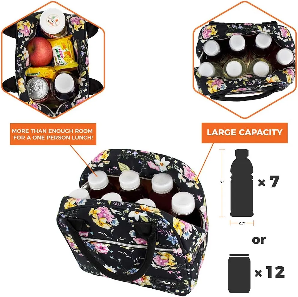 opux Insulated Lunch Box Women, Lunch Bag Tote Girls Kids Teen Adult, Cute Soft Lunch Cooler Container Work School, Reusable Thermal Food Meal Prep Organizer Lunch Pail Travel Beach, Floral Black