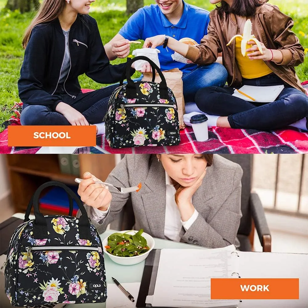 opux Insulated Lunch Box Women, Lunch Bag Tote Girls Kids Teen Adult, Cute Soft Lunch Cooler Container Work School, Reusable Thermal Food Meal Prep Organizer Lunch Pail Travel Beach, Floral Black