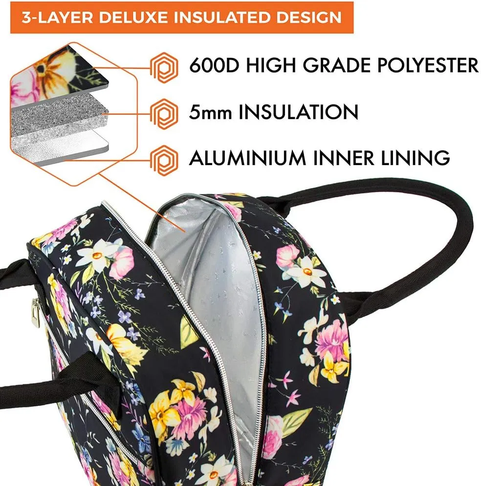 opux Insulated Lunch Box Women, Lunch Bag Tote Girls Kids Teen Adult, Cute Soft Lunch Cooler Container Work School, Reusable Thermal Food Meal Prep Organizer Lunch Pail Travel Beach, Floral Black