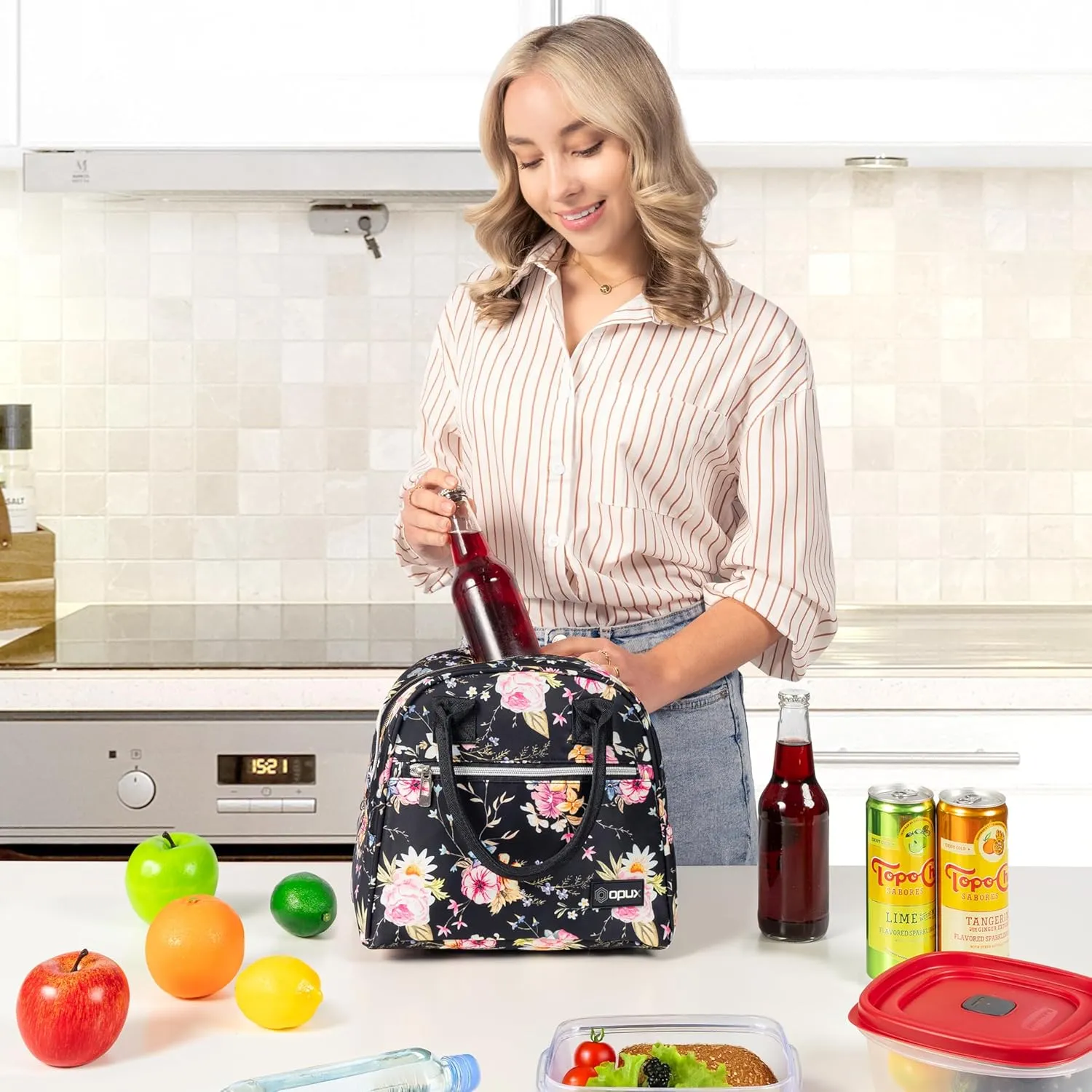 opux Insulated Lunch Box Women, Lunch Bag Tote Girls Kids Teen Adult, Cute Soft Lunch Cooler Container Work School, Reusable Thermal Food Meal Prep Organizer Lunch Pail Travel Beach, Floral Black