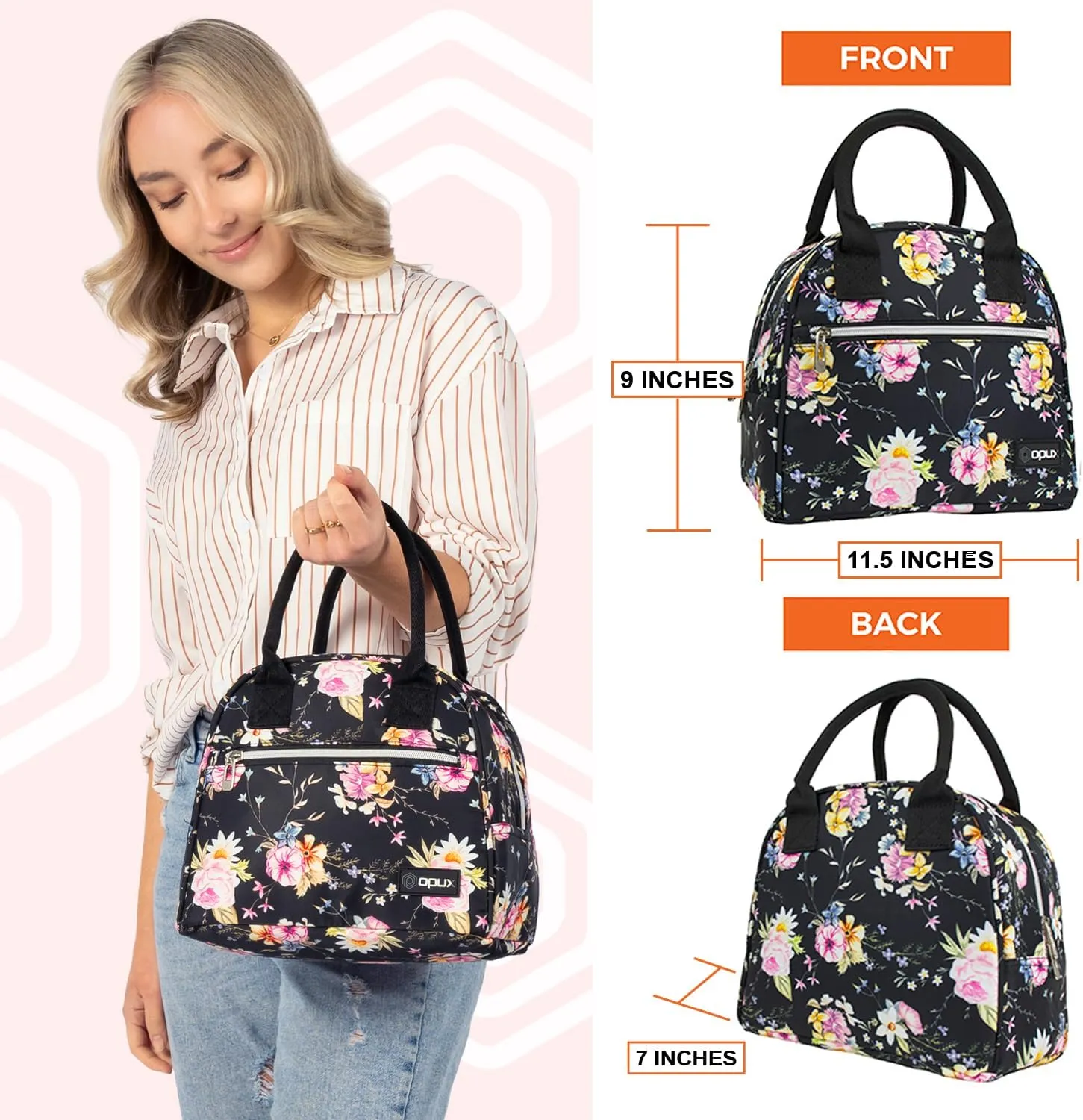 opux Insulated Lunch Box Women, Lunch Bag Tote Girls Kids Teen Adult, Cute Soft Lunch Cooler Container Work School, Reusable Thermal Food Meal Prep Organizer Lunch Pail Travel Beach, Floral Black