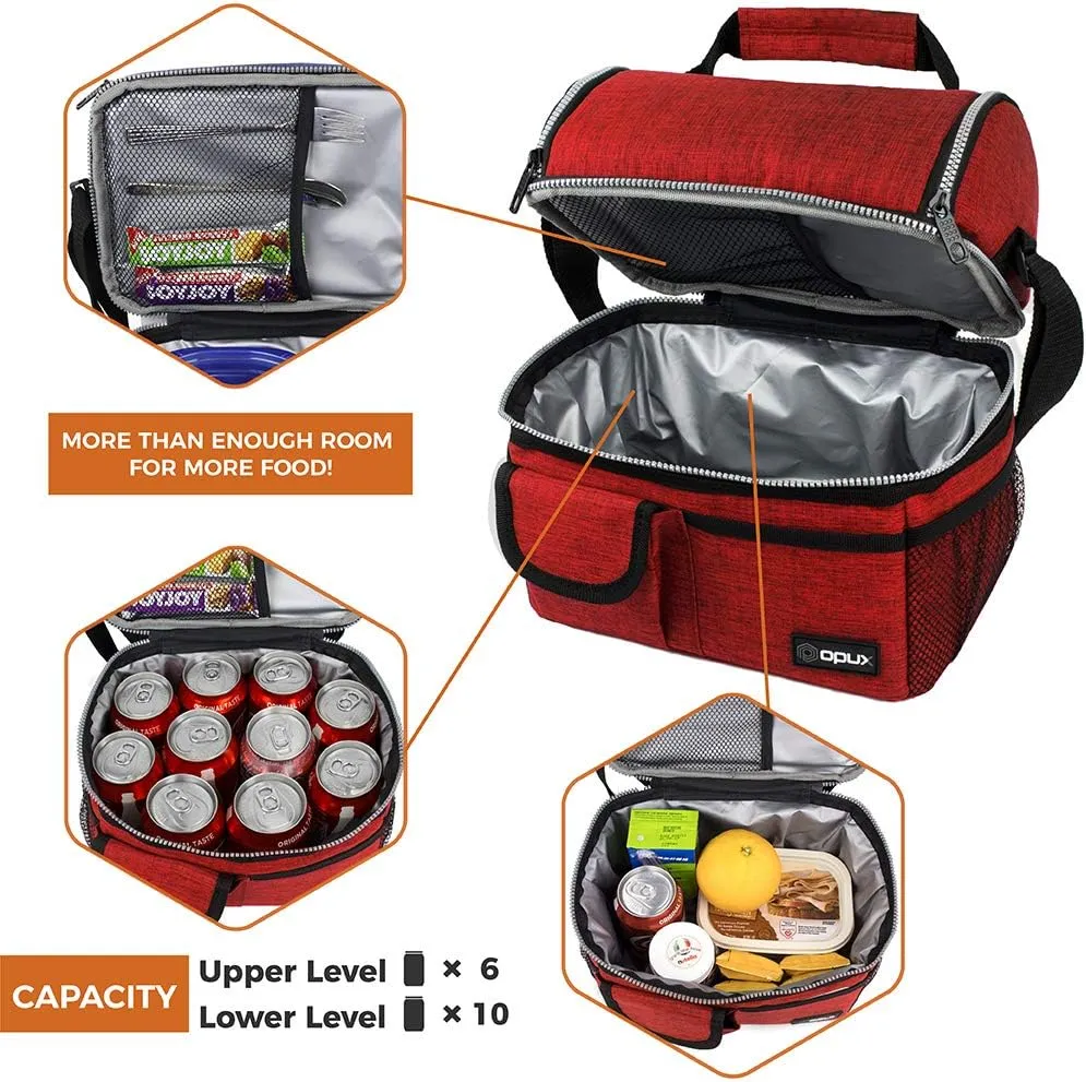 opux Lunch Bag Women Insulated, Adult Lunch Box Cooler, Lunch Box for Men, Dual Compartment Lunchbox for Work, Leakproof Double Decker Lunch Bag, Soft Lunch Pail Tote Girls Boys Kids School, Red