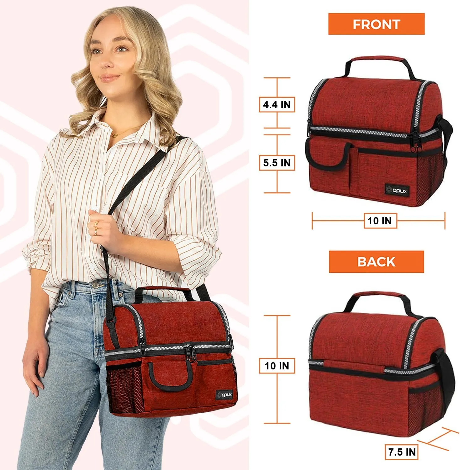opux Lunch Bag Women Insulated, Adult Lunch Box Cooler, Lunch Box for Men, Dual Compartment Lunchbox for Work, Leakproof Double Decker Lunch Bag, Soft Lunch Pail Tote Girls Boys Kids School, Red