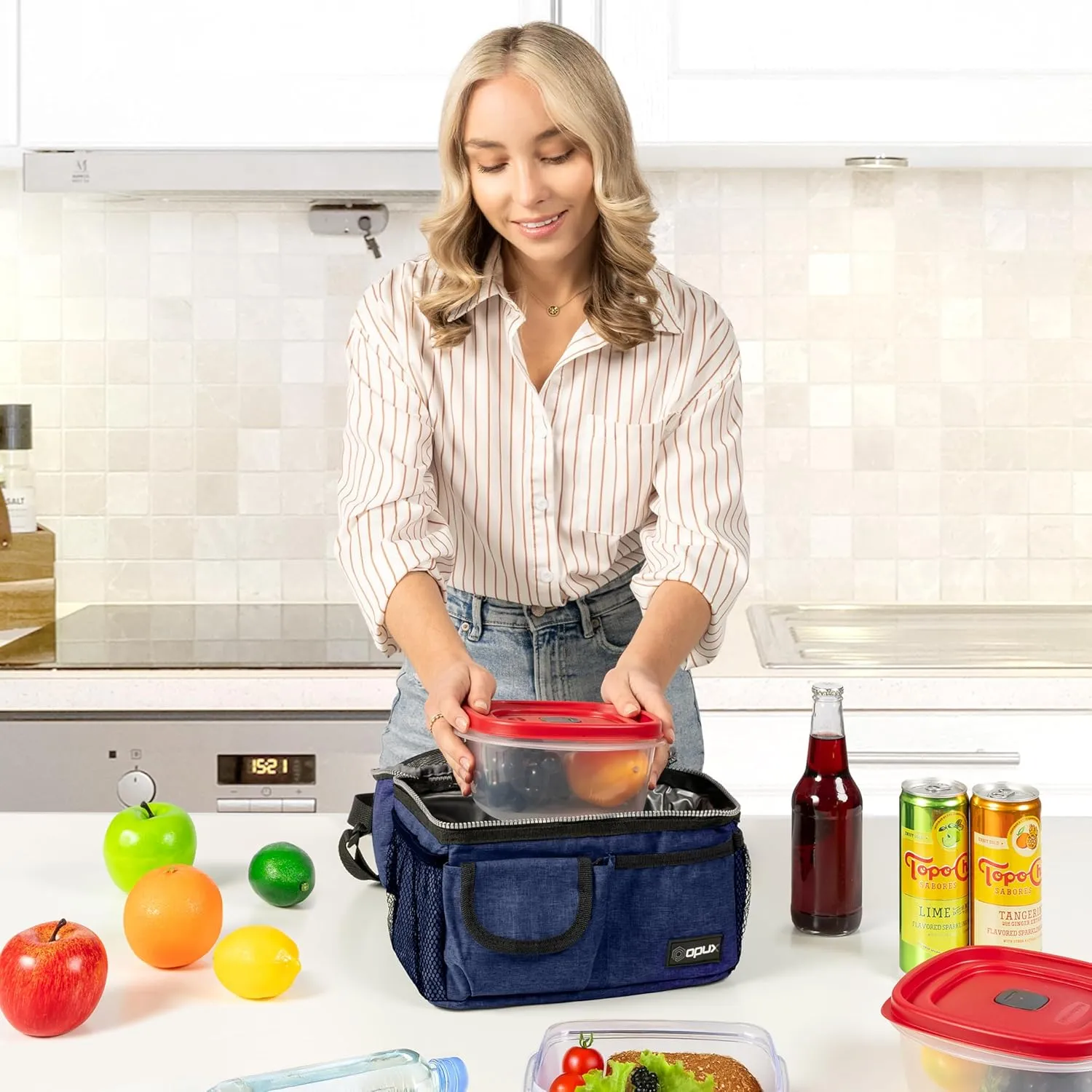 OPUX Lunch Box for Men, Adult Lunch Box Cooler, Insulated Lunch Bag Women, Dual Compartment Lunchbox for Work, Leakproof Double Decker Lunch Bag, Soft Lunch Pail Tote Boys Girls Kids School, Navy Blue