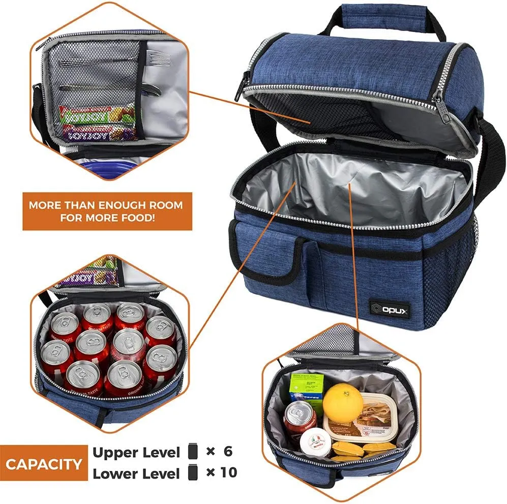 OPUX Lunch Box for Men, Adult Lunch Box Cooler, Insulated Lunch Bag Women, Dual Compartment Lunchbox for Work, Leakproof Double Decker Lunch Bag, Soft Lunch Pail Tote Boys Girls Kids School, Navy Blue