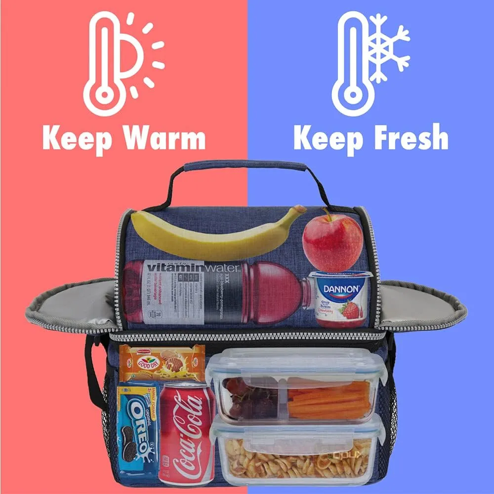 OPUX Lunch Box for Men, Adult Lunch Box Cooler, Insulated Lunch Bag Women, Dual Compartment Lunchbox for Work, Leakproof Double Decker Lunch Bag, Soft Lunch Pail Tote Boys Girls Kids School, Navy Blue