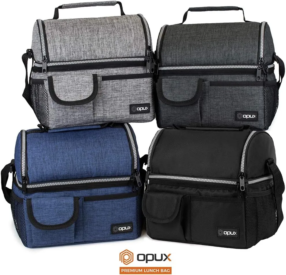 OPUX Lunch Box for Men, Adult Lunch Box Cooler, Insulated Lunch Bag Women, Dual Compartment Lunchbox for Work, Leakproof Double Decker Lunch Bag, Soft Lunch Pail Tote Boys Girls Kids School, Navy Blue