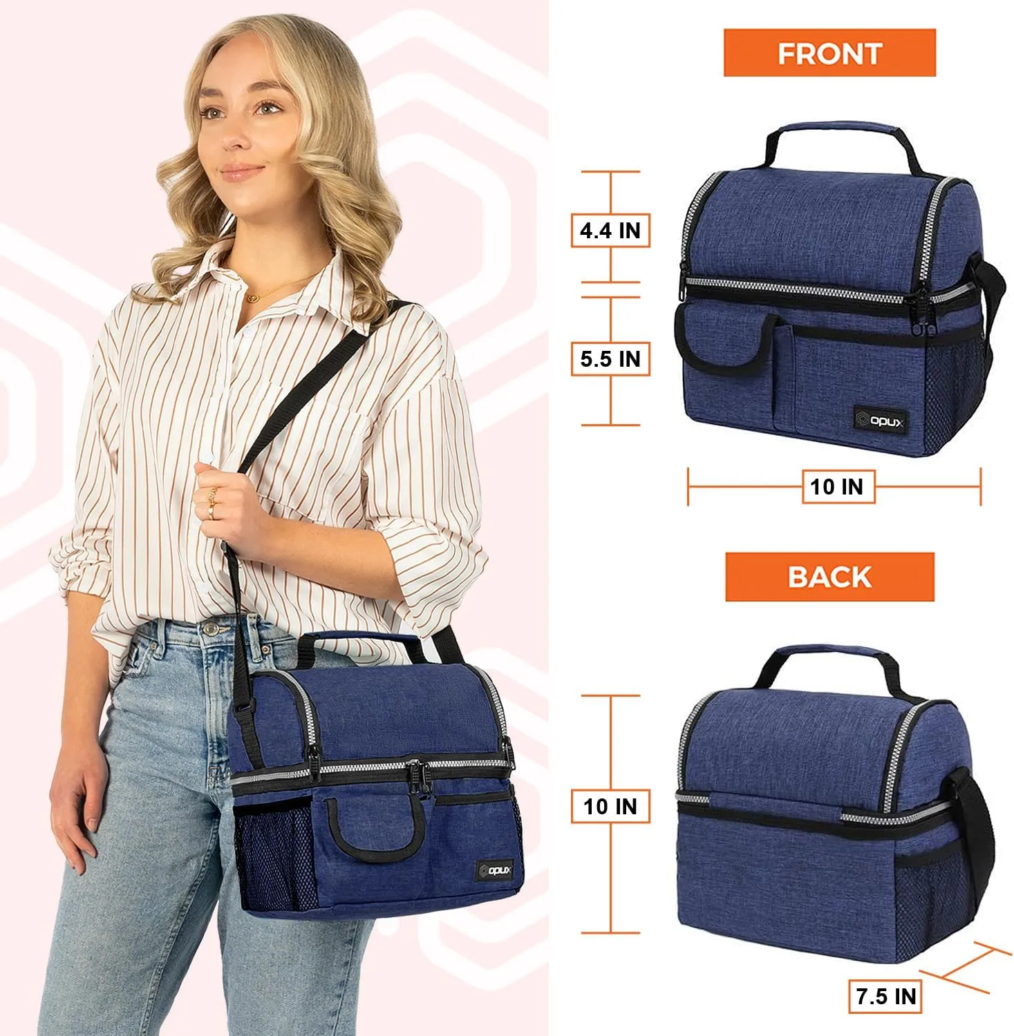 OPUX Lunch Box for Men, Adult Lunch Box Cooler, Insulated Lunch Bag Women, Dual Compartment Lunchbox for Work, Leakproof Double Decker Lunch Bag, Soft Lunch Pail Tote Boys Girls Kids School, Navy Blue