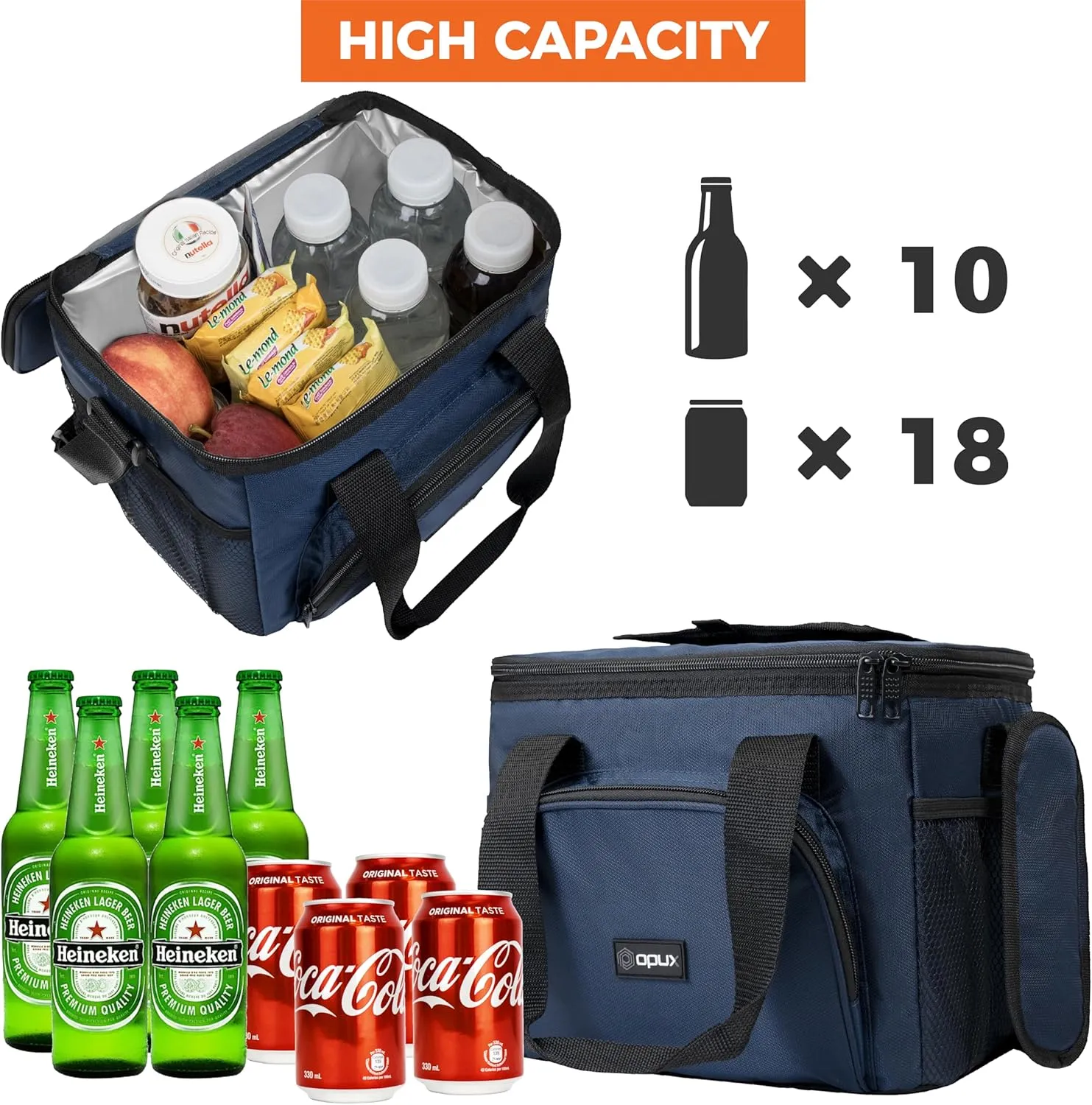 OPUX Soft Cooler Bag, Insulated Collapsible Lunch Cooler Bag for Men Work Camping Beach Travel, Portable Soft Sided Leakproof Waterproof Large Lunch Bag Box with Shoulder Strap 18 Cans, Navy Blue