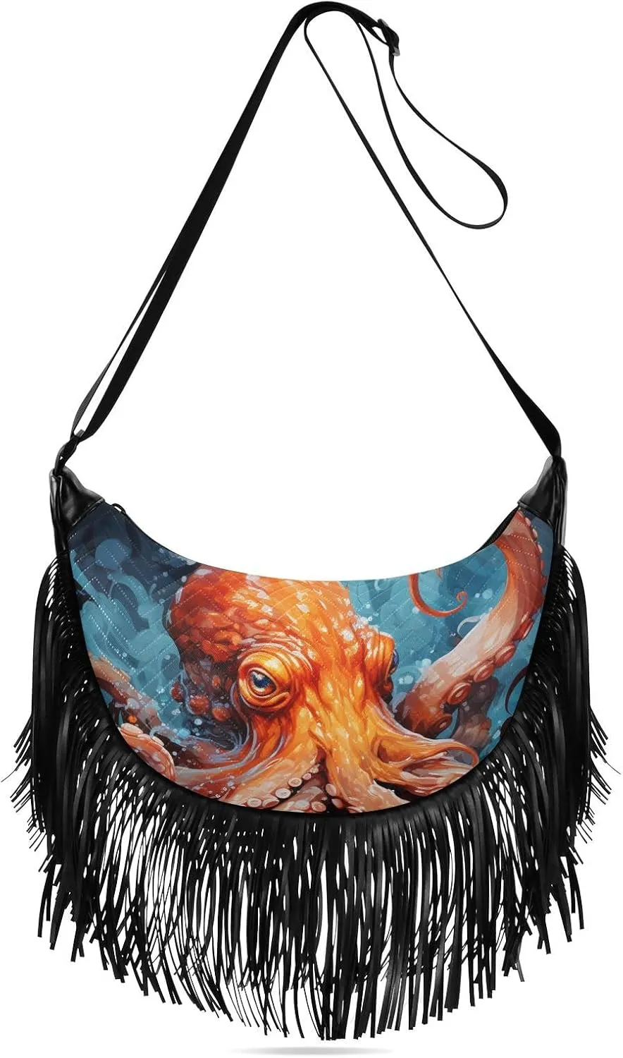 Orange Octopus Painting Fringe Hippie Purses, Western Tassel Bags Crossbody Bags for Women with Adjustable Strap Fabric and PU Material