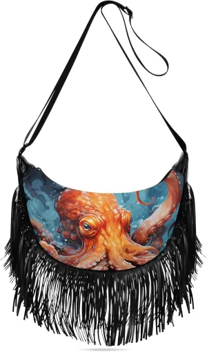 Orange Octopus Painting Fringe Hippie Purses, Western Tassel Bags Crossbody Bags for Women with Adjustable Strap Fabric and PU Material