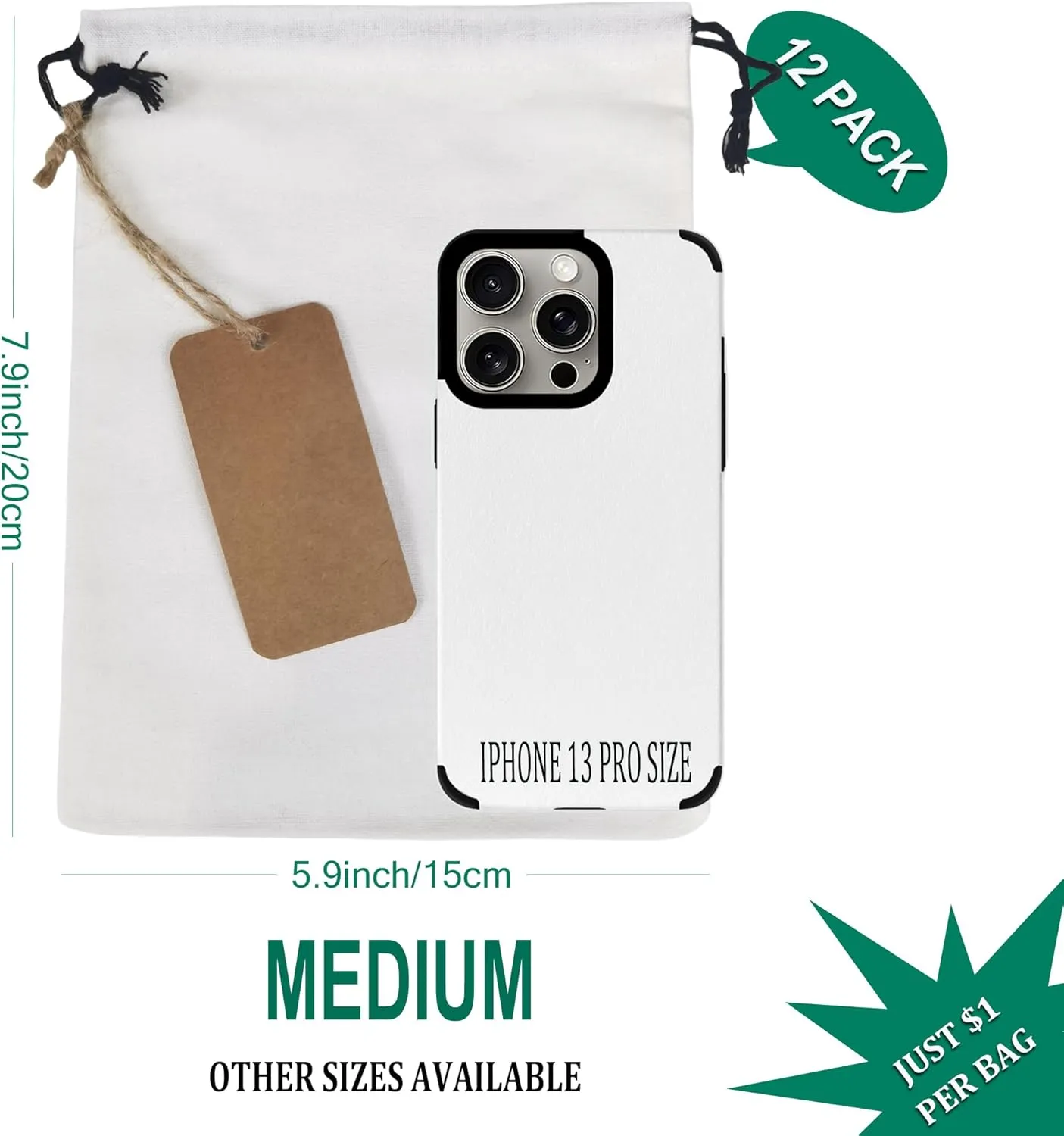 Organic Cotton Produce Bags - Medium 6x8 Inch - 12 Pcs Reusable Muslin Storage Bags with Drawstrings - Canvas Bags - Biodegradable Fabric Bags - Snack Bags - Cloth Bags (Medium 6x8'')