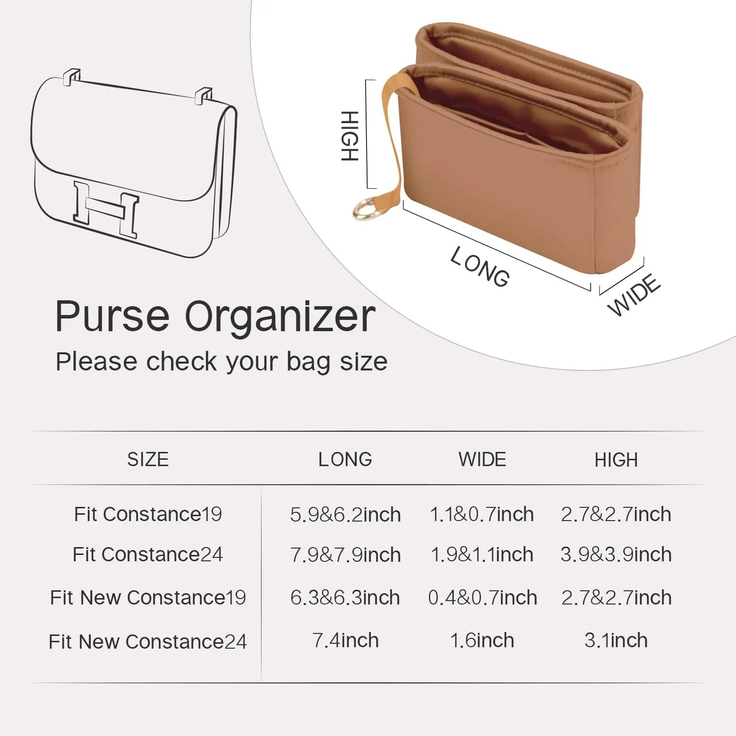 Organizer Insert for Constance Bags, Sliky Purse Inserts for Hermes Constance Handbags, Exclusively for Hermes 2023 NEW Mini Constance 18 (2023 New 18, Gold)
