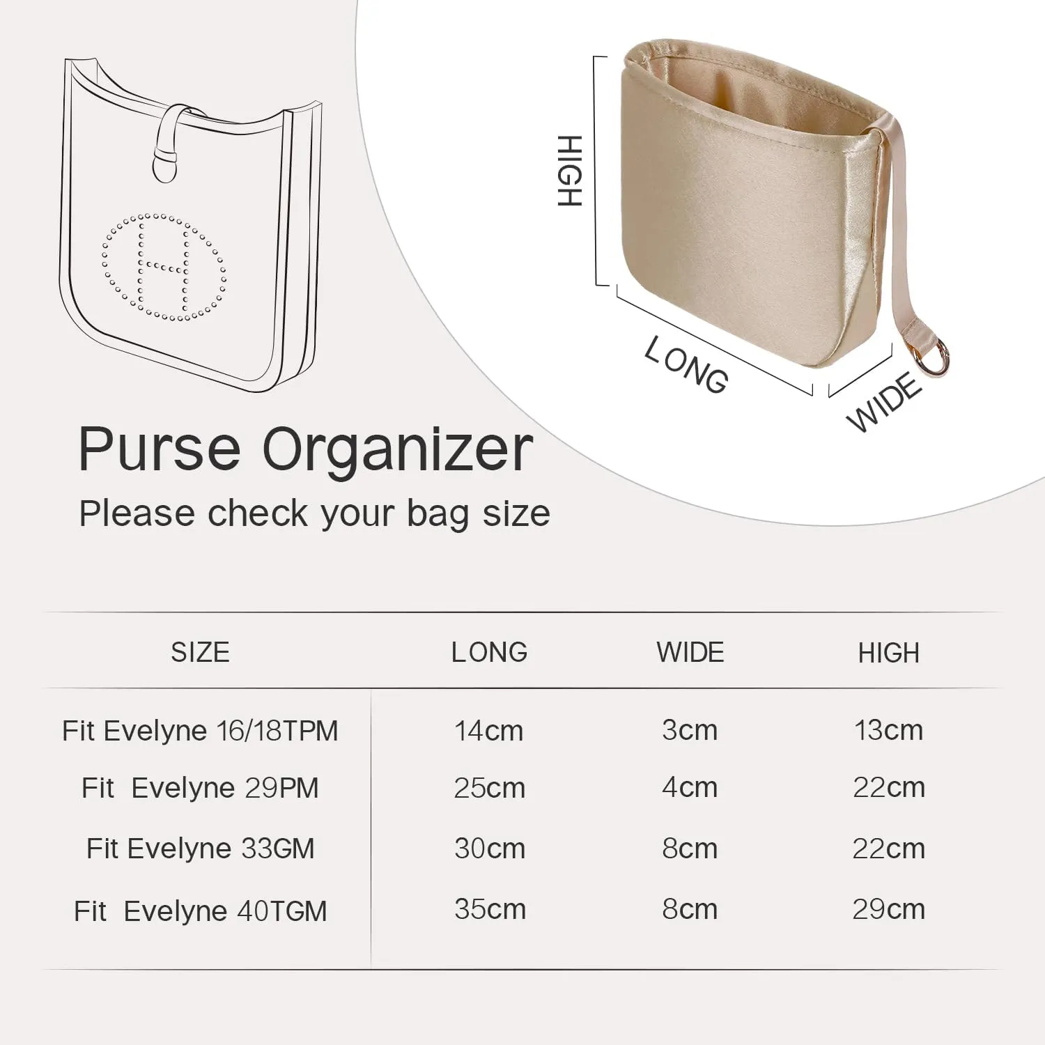 Organizer Insert for Evelyne Bags, Sliky Purse Inserts for Hermes Bags, Exclusively for Hermes Evelyne 33 GM (33 GM, Etoupe Grey)