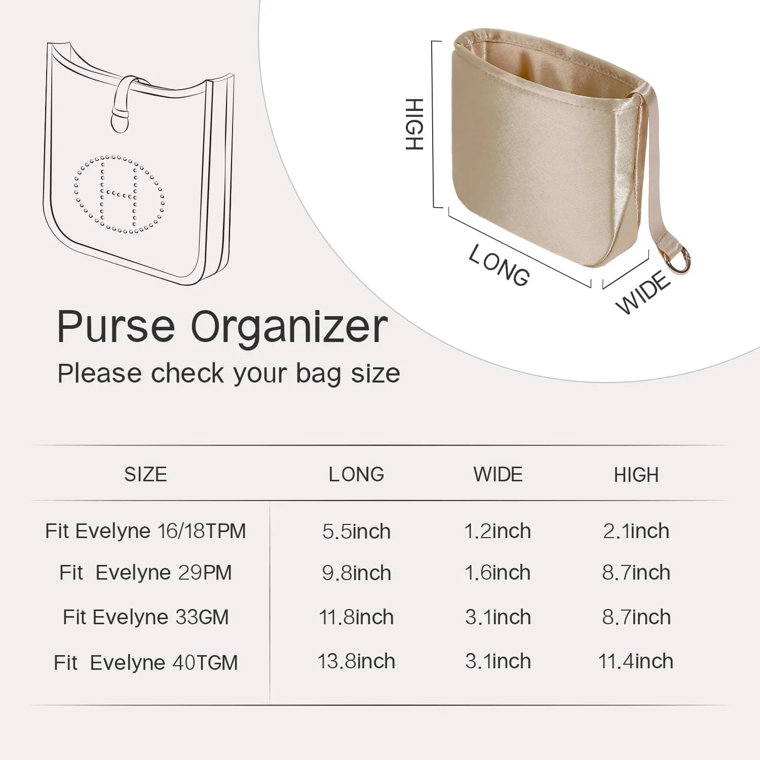 Organizer Insert for Evelyne Bags, Sliky Purse Inserts for Hermes Bags, Exclusively for Hermes Evelyne 33 GM (33 GM, Etoupe Grey)