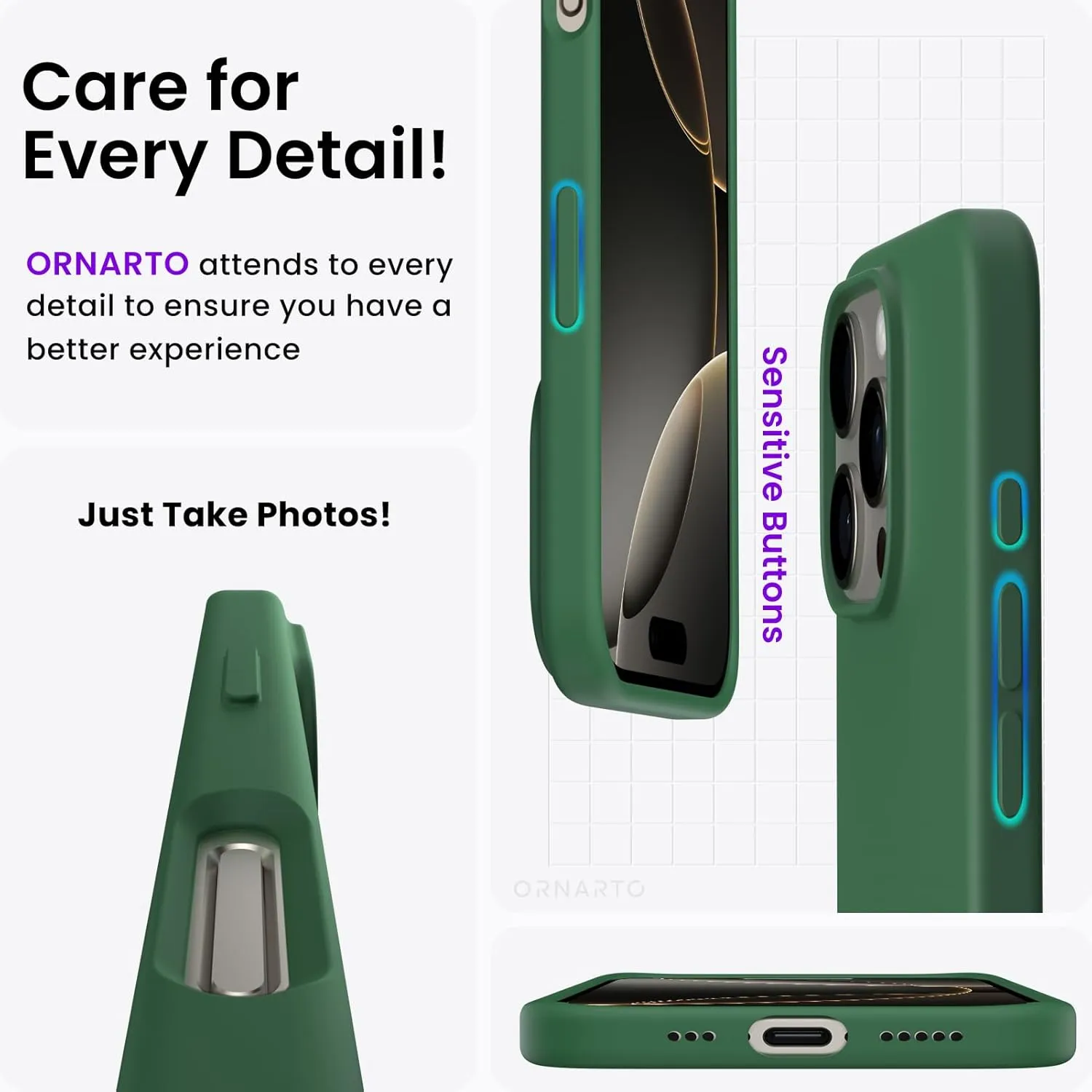ORNARTO Compatible with iPhone 16 Pro Case 6.3", Slim Liquid Silicone 3 Layers Soft Gel Rubber Shockproof Protective Case with Anti-Scratch Microfiber Lining-Clover Green