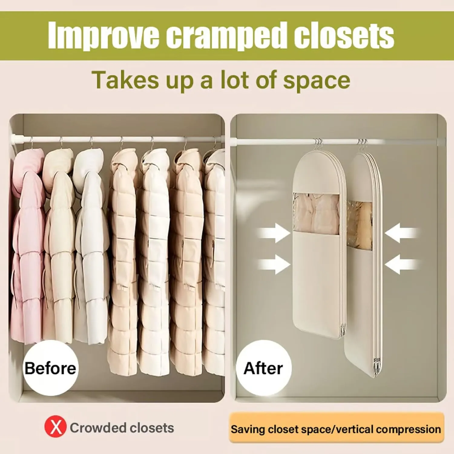Otherwise Garment Bag, 2025 New Space Saving Hanging Garment Bag With Self Compression Zipper, Heavy Duty Closet Organizers Protect Against Wrinkles, Protects Clothes (Beige,M)