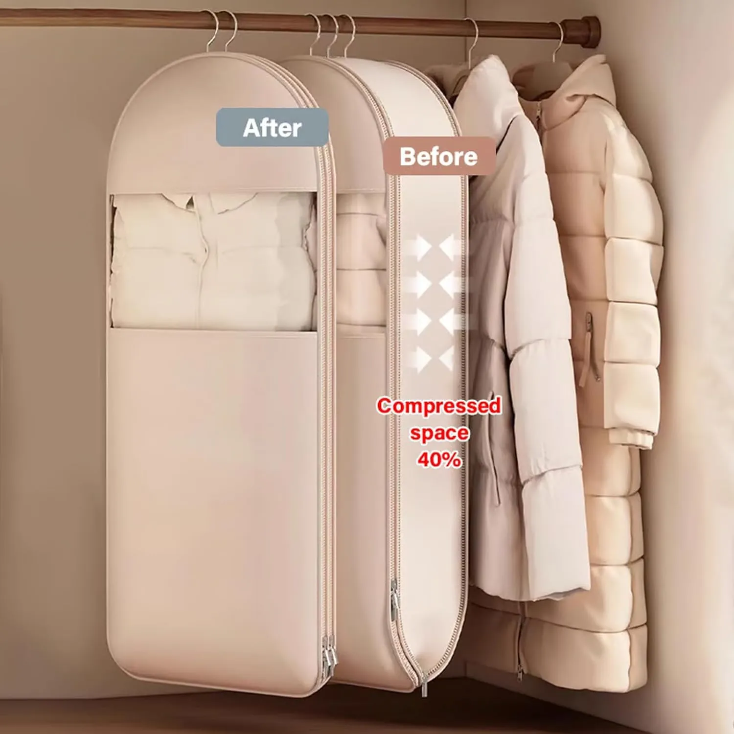 Otherwise Garment Bag, 2025 New Space Saving Hanging Garment Bag With Self Compression Zipper, Heavy Duty Closet Organizers Protect Against Wrinkles, Protects Clothes (Beige,M)