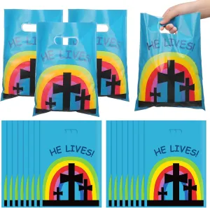 Oudain 60 Pcs Easter Religious Goody Bags He Lives Plastic Kids Christian Cross Treat Bag with Handles Bible Candy Gift Packaging Decorations for Party Supplies(Cross)