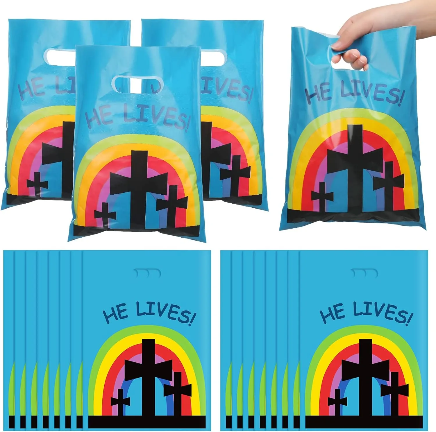 Oudain 60 Pcs Easter Religious Goody Bags He Lives Plastic Kids Christian Cross Treat Bag with Handles Bible Candy Gift Packaging Decorations for Party Supplies(Cross)