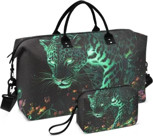 Overnight Travel Duffel Bag Carry On Shoulder Weekend Tote Gym Duffel Bag with Adjustable Strap for Workout Foldable Green Leopard Neon