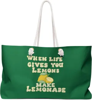 Oversized Green Weekender Tote – Inspirational Quote & Lemon Graphic – Spacious 24"x13" Beach & Travel Bag with Rope Handles