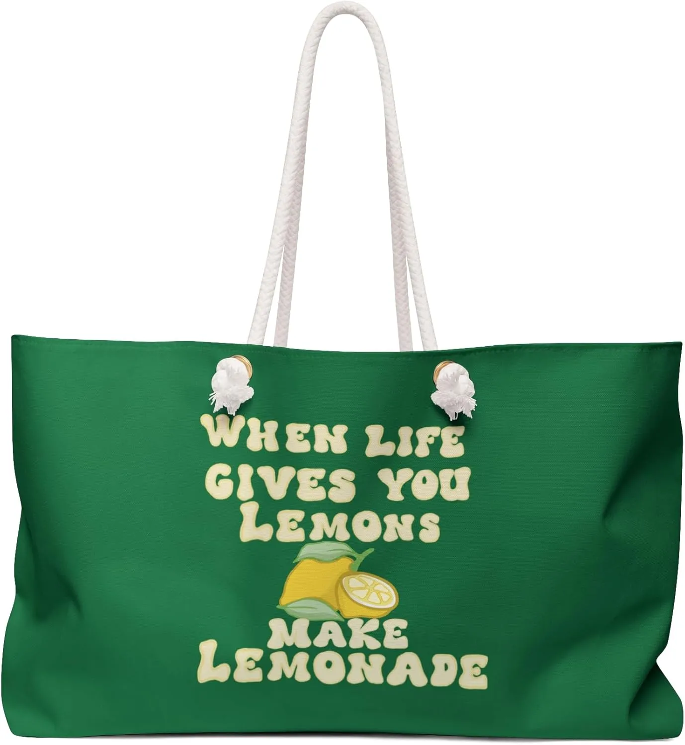 Oversized Green Weekender Tote – Inspirational Quote & Lemon Graphic – Spacious 24"x13" Beach & Travel Bag with Rope Handles