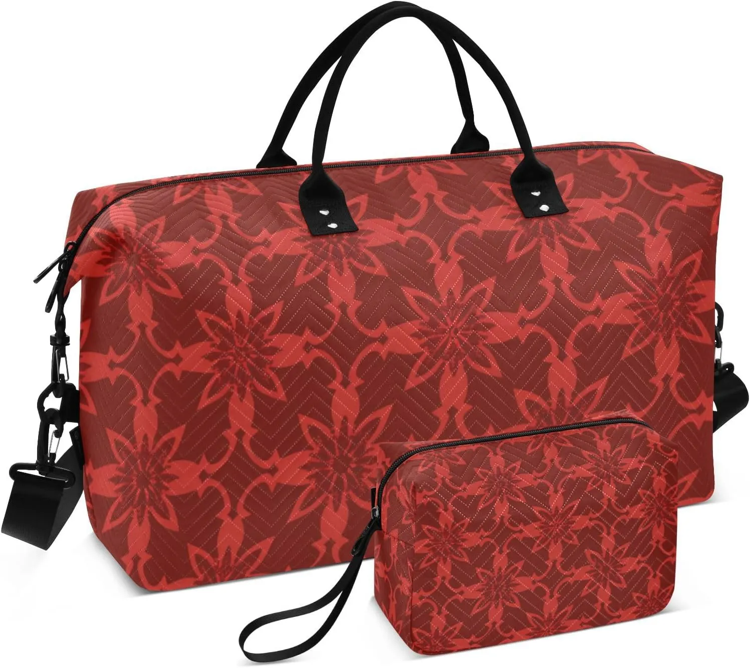Oversized Travel Duffel Bag Carry On Weekend Bag Gym Sports Carry with Adjustable Strap for Hiking Foldable Red Traditional Chinese Design